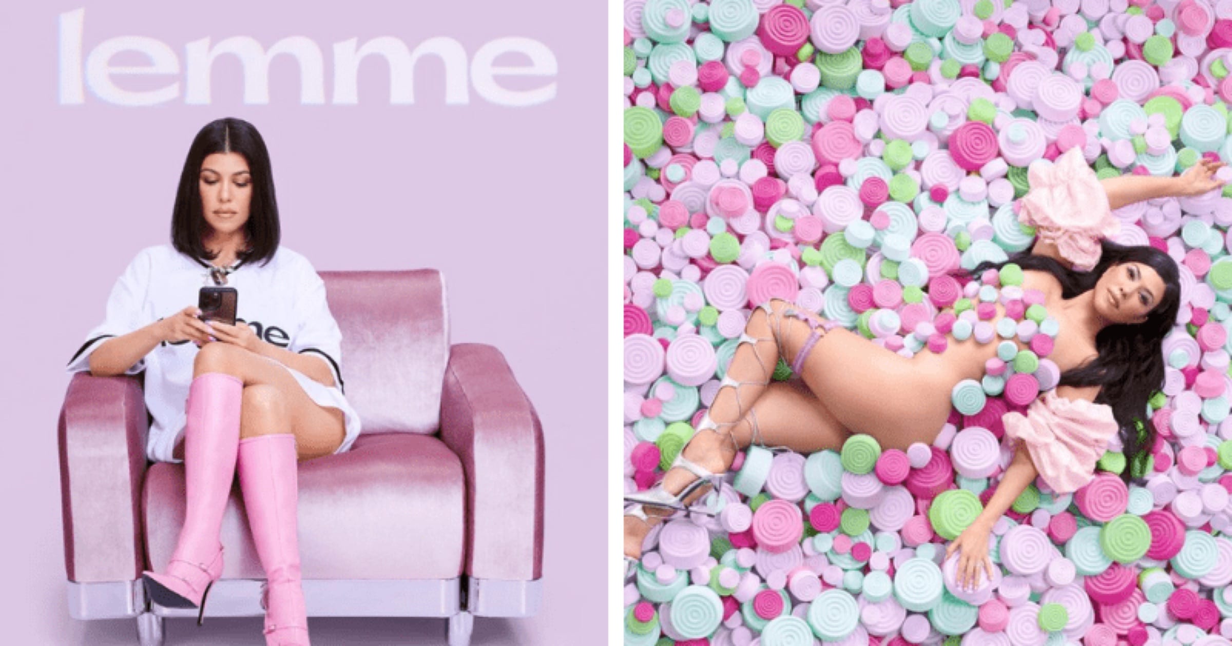 Pastel pink and green commercial set with a seated model and candy wall