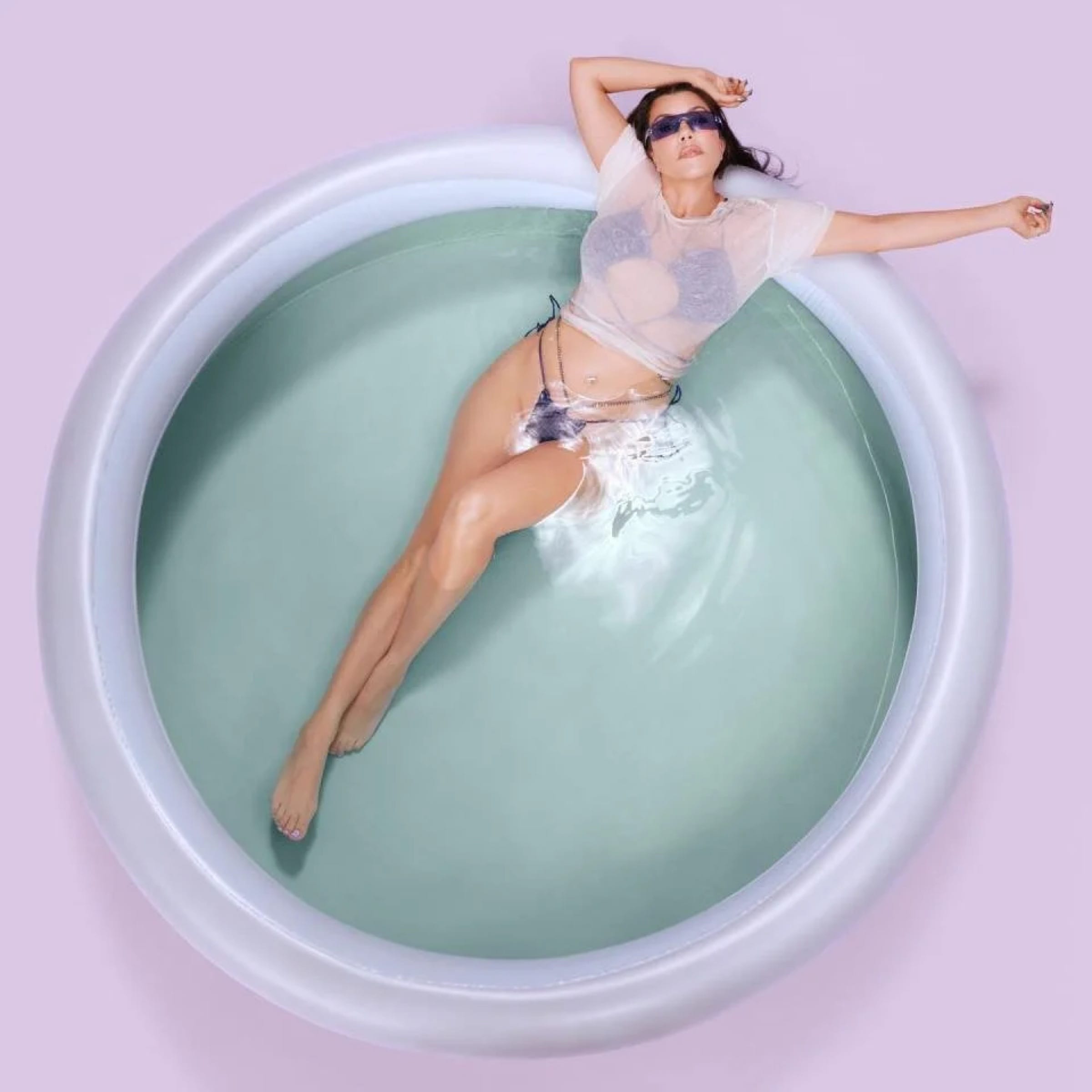 Overhead view of a lavender pool set for a commercial campaign